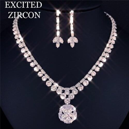 Ladies Exquisite Zircon Rhinestone Drop Necklace Earrings Jewelry Set Wedding Bride Bridesmaid Party Jewelry Gift