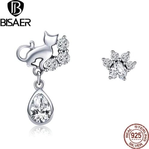 BISAER Hot Sale 925 Sterling Silver Cat Footprints Animal Clear CZ Stud Earrings for Women Fashion Earrings Jewelry ECE424