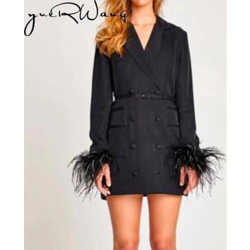YuerWang Women Blazer coat Long Black Feather Blazer Jackets Belt Bandage Women Jackets Vintage Coats New Women Spring Top