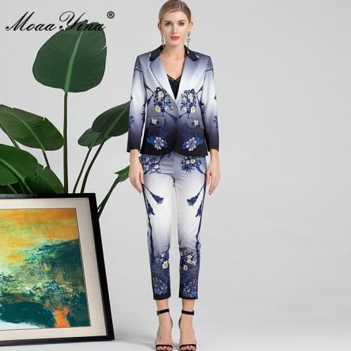 MoaaYina Fashion Designer Autumn Pants Suit Womens Long sleeve Single Button Jacket Coat and Flower Print Pants Two Piece Set