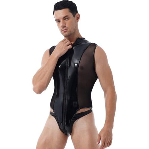 Plus Size Patent Leather Bodysuit Men Shiny Metallic Sheer Mesh Splice Lingerie Sleeveless Double Zipper High Cut Thong Leotard