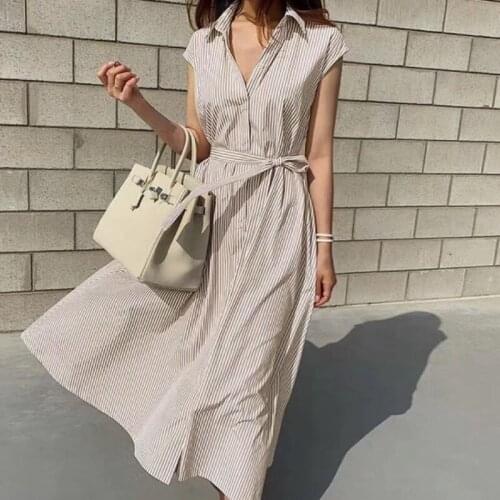 Women Summer Shirt Dress 2021 Design New Striped Sleeveless Turn-down Collar Bandage Casual Dress Singe Breasted A-line Dresses