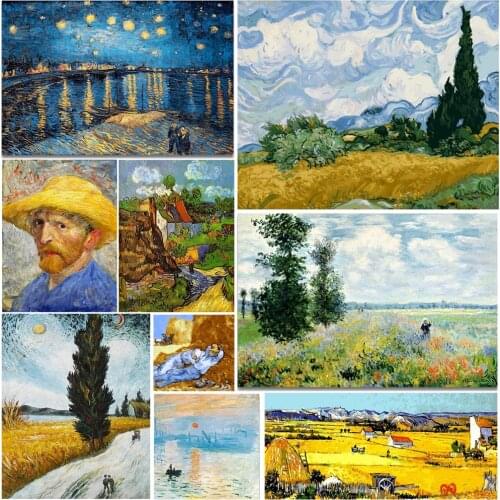 Famous Artist Van Gogh Starry Sky Iris Flower Sunrise Landscape Golden Wheat Field DIY 11CT Cross Stitch Embroidery Kits Sale