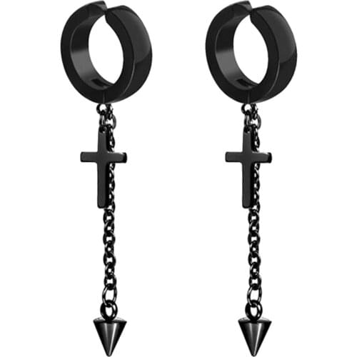 1 Pair Punk Style Long Dangle Cross Earrings Titanium Steel Ear Clips 64mm