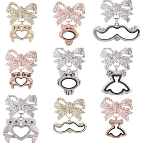 10Pcs Crystal Rhinestone Owl Locket Pendant Animal Bow-knot Brooches Pin for Women Suit Brooch Buckle Aroma Jewelry
