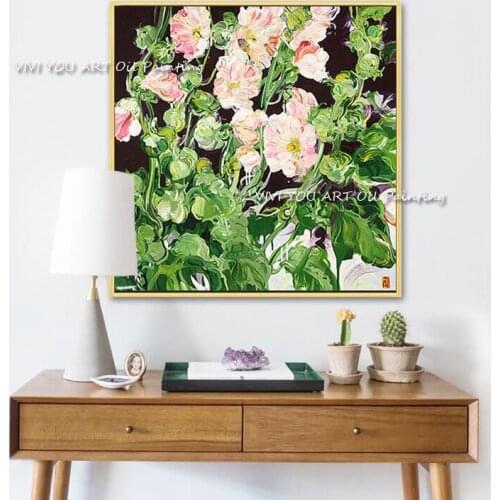 The 100%Handmade Pink Rose Abstract Oil Painting Canvas Modern Nature Plant Painting For Home Drawing Decor Flower Green Graph