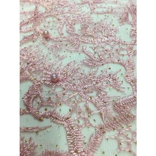 2018 Latest Pink African French Lace Net Fabric High Quality Nigeria Lace Fabrics with beads For Wedding D1749