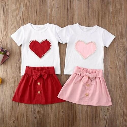 2021 Valentines Days Girl Clothing Toddler Kids Baby Girls Outfits Clothes Summer Heart T-shirt Tops Skirts Sets 2pcs