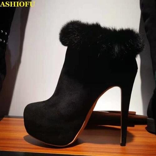 ASHIOFU Handmade Women High Heel Boots Man-made Fur Party Prom Ankle Boots Sexy Platform Fashion Warm Short Boots Shoes