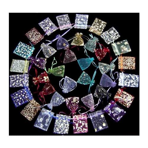 Hot Sale 100 Random Mixed Bronzing Drawable Organza Wedding Gift Bags&Pouches Jewelry Packaging 12x9cm(W00476 X 1)