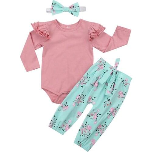 Infant Baby Clothing Sets Solid Long Sleeve Romper Floral Print Bow Pants Headband 3pcs Bebe Children Kids Clothes Suits