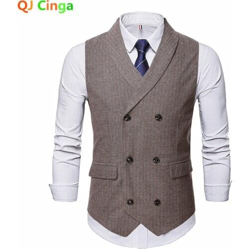 Brown Double Breasted Striped Waistcoat, Mens V Neck Sleeveless Waistcoat, Grey Navy Check Business/wedding Party Top S-XXL 3XL