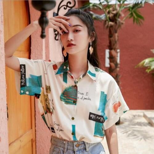Summer Korean Style Vintage Pattern Print Short-Sleeved Shirt Women Fashion Casual Shirt