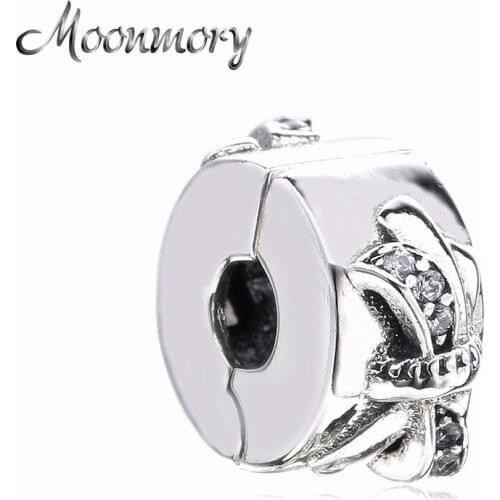 Moonmory 100% 925 Sterling Silver Shiny Bow Clips Bead For DIY Jewelry Making Fit for Bracelets Clip Bead Mothers Day Gift