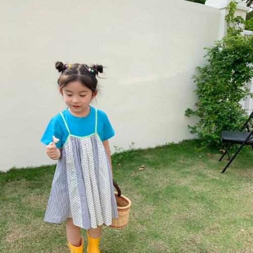 Summer New Arrival Korean style girls clothing sets suspender dress with short sleeve t-shirt for cute sweet baby girls