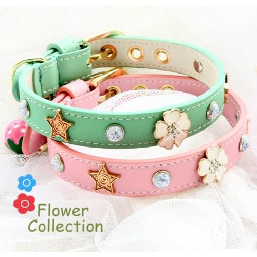 Dog Collar Leather Leash Cat Collar Pet Product Real Calfskin Oxhide Cattle Hide Macaroon Color Diamond Flower Bow New Arrival