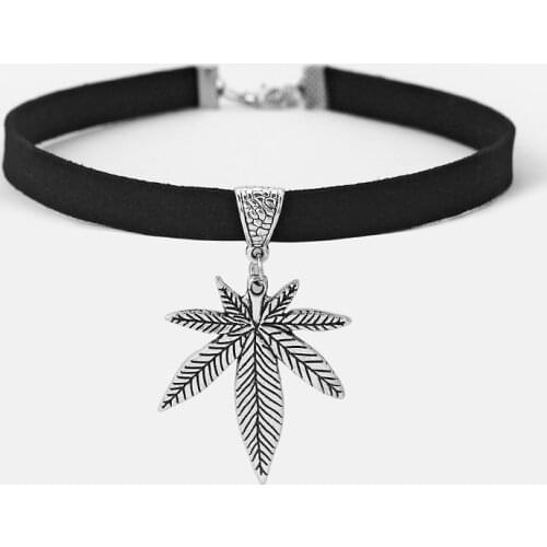 1pcs Black Flat Faux Suede Leather Antique Silver Color Pot Weed Leaf Charm 13" Choker Necklace Collares Gothic Fashion Jewelry