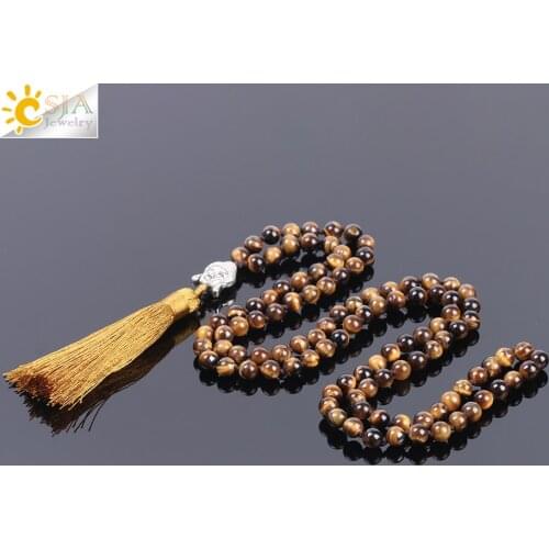 CSJA 2018 Natural Gem Stone Tiger Eye Charm Necklace for Men 6mm 108 Beads Reiki Buddha Champagne Tassel Ethnic Jewellery F139