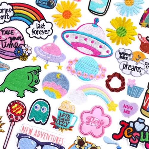 Rainbow Space UFO Applique Patch Hippie Frog Embroidered Pathes On Clothes Cute Cartoon Patches For Clothing Stickers Badges