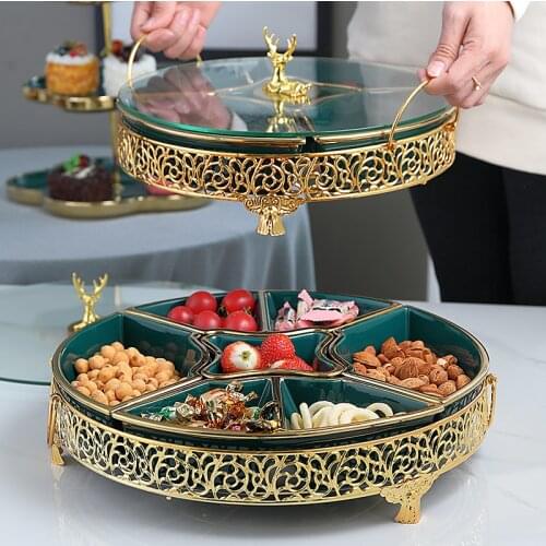 Luxury Creative Gold Deer Ceramic Dry Fruit Snack Plates Candy Box Fruit Platter Modern Coffee Table Collection Box Gift