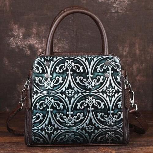 Female Handmade Embossing Retro Genuine Leather Luxury Handbags 2021 Winter Leisure Floral Cowhide Women Shoulder Crossbody Bags