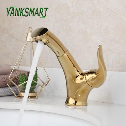 YANKSMART Luxury Pull Down Gold Polished Bathroom Basin Sink Faucet Deck Mounted Single Handle Faucets Cold And Hot Mixer Tap