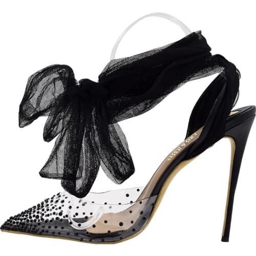Transparent PVC with Crystal Toe Lace Ankle Straps Women High Heels Sexy Super High Heels Women Sandals