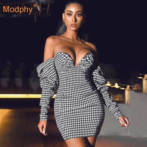 Sexy Strapless Long Sleeve Backless Plaid Bodycon Dress Vestidos Elegant Womens Celebrity Club Evening Party Dress 2021 Spring