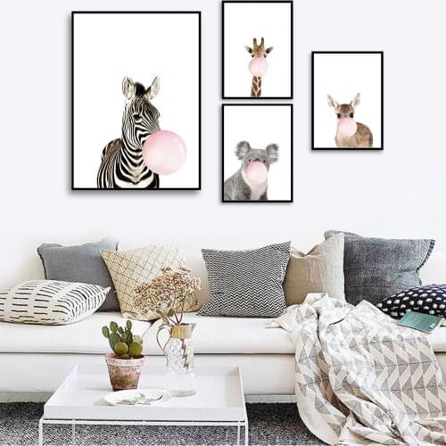 Cute Painting Simple Cartoon Blowing Balloon Animal Zebra Giraffe Frameless Decorative Painting Living Room Bedroom Poster