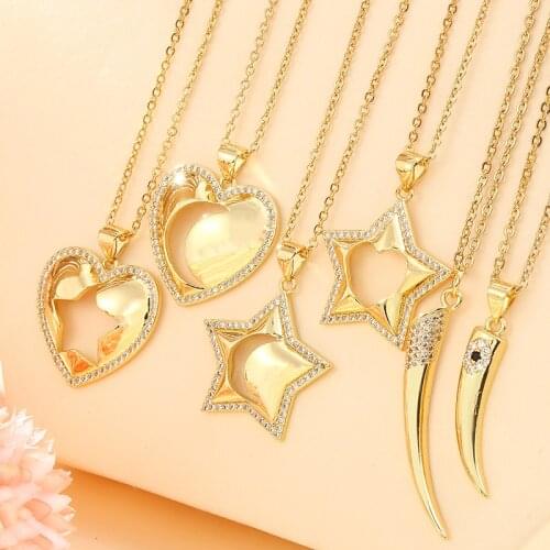 Trendy Stainless Steel Chain Copper Gilded Heart Five-pointed Star Moon Pendant Necklace For Women CZ jewelry gift