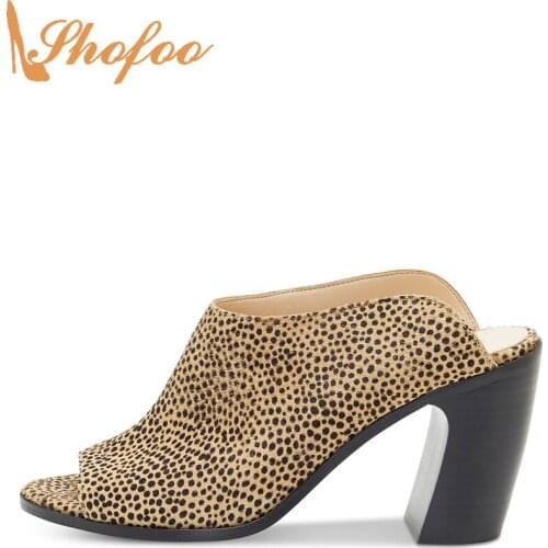 Natural Leopard Pumps High Chunky Heels Women Slippers Peep Toe Slip In Big Size 14 16 Ladies Fashion Mature Casual Shoes Shofoo