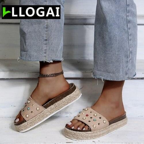 Embellishment Trendy Thick-soled Home Womens Shoes Womens Slippers Fashionable and Versatile Simple Vamp Rhinestones Rivets