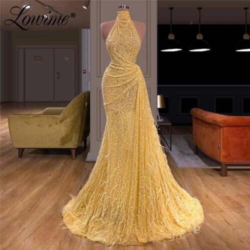 Feather Beaded Party Dresses Kaftan Dubai Arabic Evening Gowns Robe De Soiree Abendkleider 2020 Dresses Woman Party Night Gown
