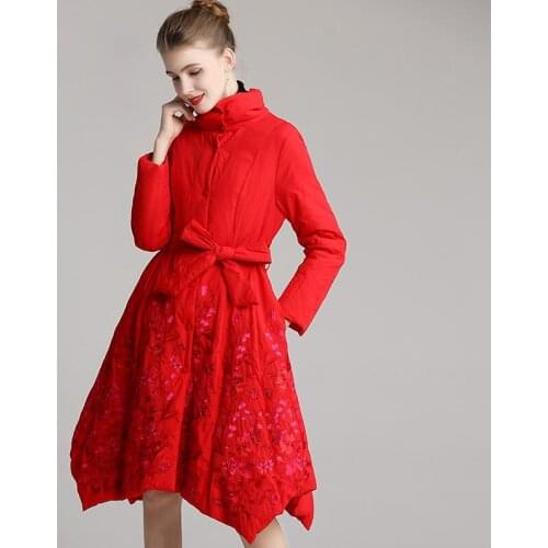 High quality Europe warm thin down jacket womens medium and long waist close fitting retro embroidery irregular ethnic bow