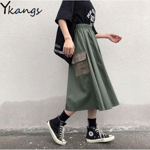 Cotton Khaki Camo Green Pocket High Waist Cargo skirt Streetwear Harajuku Korean Women Fashion A-Line Midi Long Skirt Autumn new