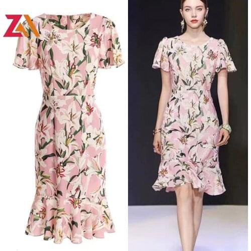 ZALady Women Summer Fashion Lily Flower Midi Dresses Elegant Ruffles Ladies Mermaid Dress Runway Chic Party Pink Clothes Vestido