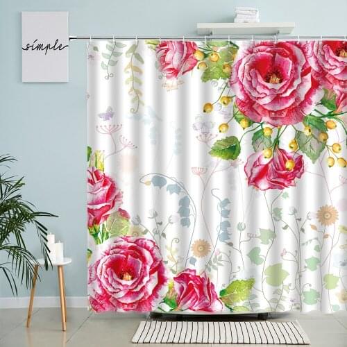 Watercolor Flower Shower Curtain Rose Plant Leaf Rendering Art European Style Home Bathroom Decor With Hook Waterproof Screen
