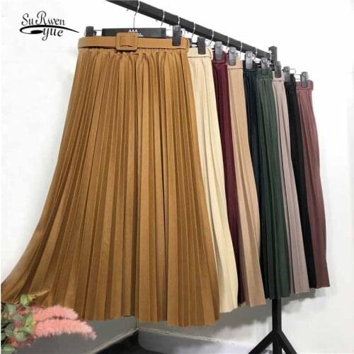 9 Colors Solid Belted Pleated High Waist Casual Vintage Fashion Women Skirt Lady Fashion Simple Midi Skirts Mujer Faldas 12170