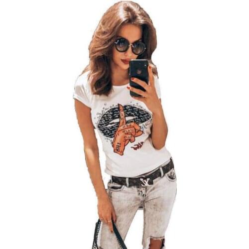 Funny Big Lips Letter Print T Shirts Women Summer Short Sleeves T-shirt Fashion Casual Female Round Neck T-shirt Tops