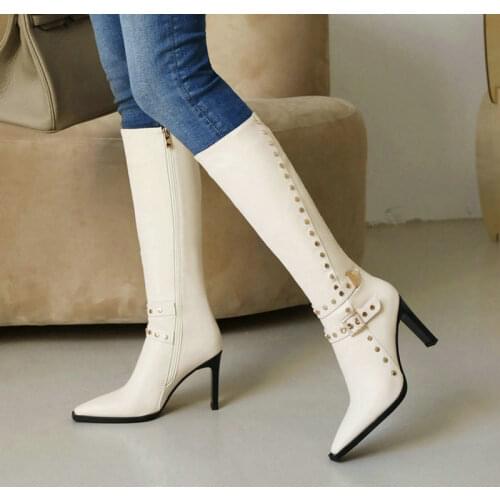 Ladies Autumn Winter Warm Knight Boots Fashion Metal Decoration Knee High Boots Female Square Heel Long Boots Zipper Women Shoes