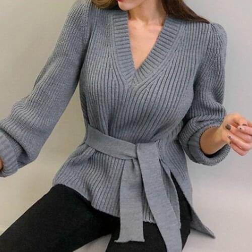 New Fashion Sweater 2021 Autumn Knitted Jumper Sweater Elegant Lace Up Korean Pullover V-neck Tops Knitwear Pull Femme 16491