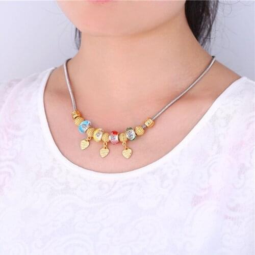 Kpop Folk-custom Heart Necklace For Women DIY Gold Color Rhinestone Crystal Silver Color Charm Necklaces Beads DIY Necklace N126