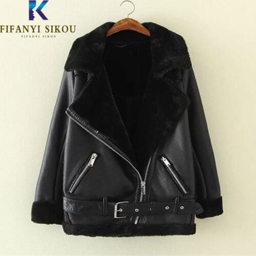 Winter Women Fashion PU Leather Jacket Faux Leather Lambs Wool Motorcycle Jackets Coat Female Warm Thick Outerwear High quality