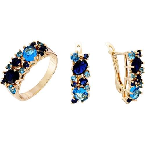 2020 New Fashion Jewelry Set 585 Rose Gold Color Women Jewelry Sets Luxury Blue Cubic Stone Wedding Ring /Earring Jewelry Sets