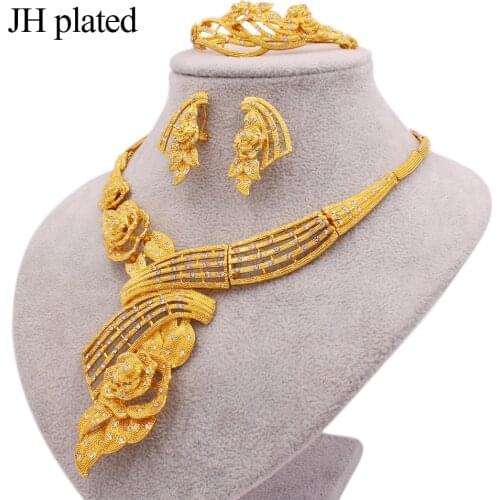 24K gold color jewelry sets for women luxury necklace earrings bracelet ring bridal African wedding ornament wife gifts Rings