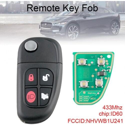 4 Buttons 433Mhz Flip Remote Car Key with ID60 Chip NHVWB1U241 Fit for Jaguar S type / X type / XJ8
