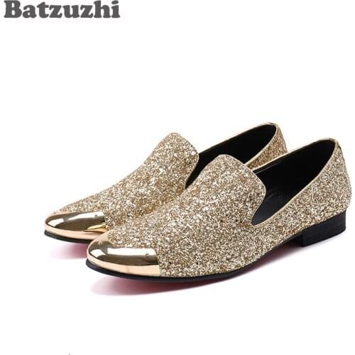 Batzuzhi Luxury Men Shoes Metal Toe Gold Glitter Leather Dress Shoes Loafers Men Flats for Men Wedding and Party Zapatos Hombre