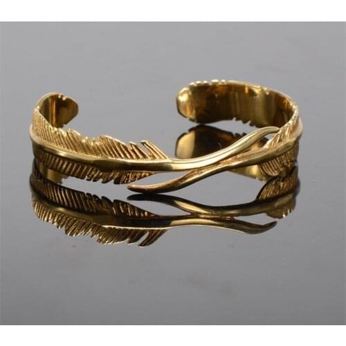 Gold Color Feather Stainless Steel Bracelet Men Open Cuff Bangles Bracelets For Women Punk Men Jewelry Couple pulseira masculina