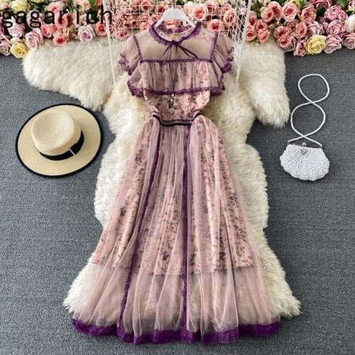 Gagarich Women Dress 2021 Summer French Palace Style Ladies Vintage Celebrity Temperament Tie Collar Ruffle Printed Mesh Vestido