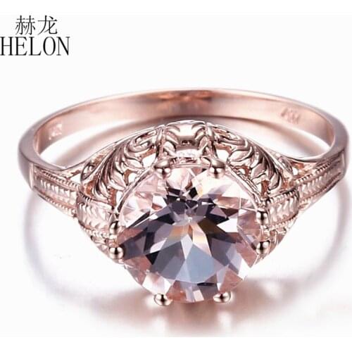 HELON Solid 10K Rose Gold Flawless 8mm Round Morganite Gemstone Wedding Ring Vintage Style Fine Jewelry Engagement Ring